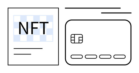 Simplified digital card displaying NFT text next to a minimalistic credit card design with a chip and abstract lines. Ideal for finance, blockchain, digital assets, technology, online transactions