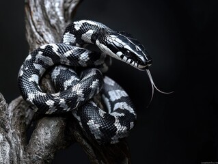 Obraz premium Black and white snake coiled on branch with tongue out.