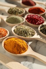 Different aromatic spices in spoons on white marble table, closeup
