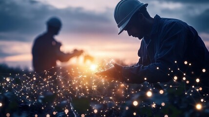 Workers installing glowing fiber optics in a smart farm rural location technology installation evening environment action viewpoint