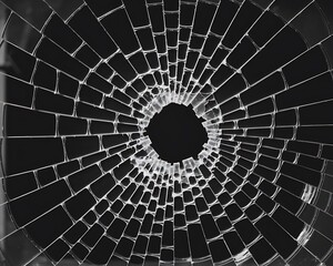 Fototapeta premium abstract fractal background with circles, Stark Black-and-White Image of a Broken Glass Window with a Central Hole and Splintered Shards, Jagged Edges Form a Chaotic Web 