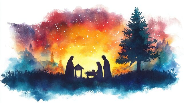 Fototapeta Watercolor painting representing Nativity scene in Bethlehem. Christmas scene illustration showing holy family Joseph Mary and baby Jesus in the manger. Christmas tree shape silhouette