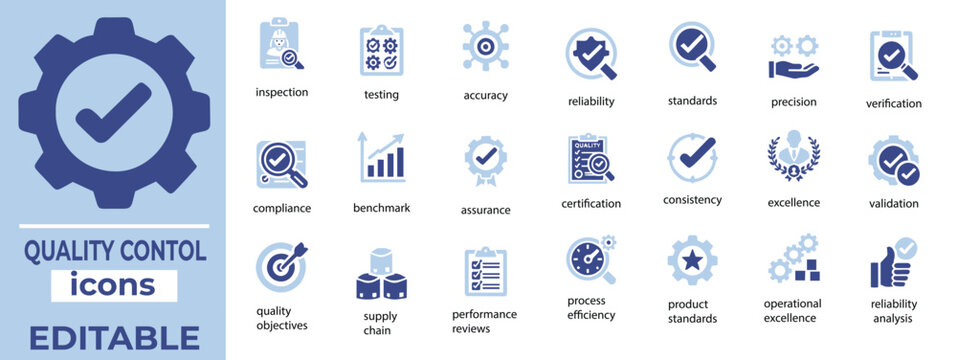 Quality Control Vector Icon Set Inspection, Standards, Testing, Assurance Icons Editable, Modern, Professional Design