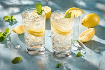 Fototapeta premium Two lemon drinks with mint on blue wood.