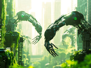 A futuristic cityscape blends technology and nature, with two large robotic arms standing out The robots have glowing green eyes symbolizing AI in the setting City structures cascade with greenery,