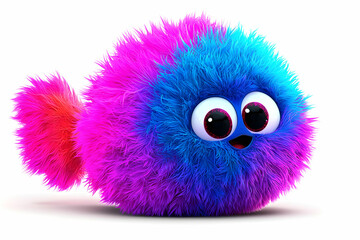 Fototapeta premium Colorful Fuzzy Cartoon Fish Character with Big Eyes and Vibrant Fur in Bright Pink and Blue Shades