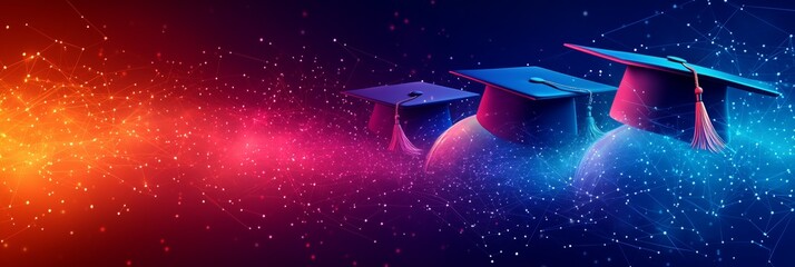Graduation caps floating on digital world celebrating academic achievement and online education