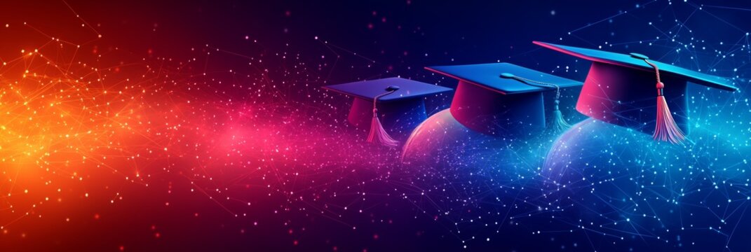 Graduation caps floating on digital world celebrating academic achievement and online education