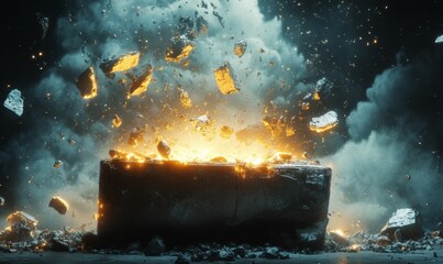 Glowing fragments explode from dark, rectangular object.