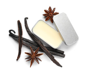 Natural solid perfume, vanilla pods and anise stars isolated on white, top view