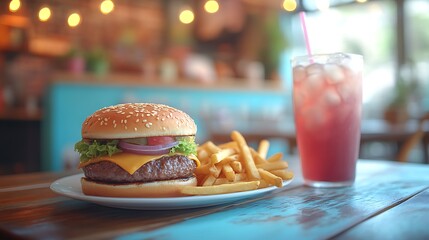 A fast food table setting featuring burgers fries and a soda placed neatly for a photo