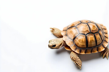 Obraz premium Close-up of a Beautiful Tortoise Crawling on a White Background with Shell Patterns and Textures