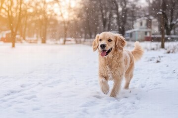 A joyful golden retriever bounds with excitement through a snowy park scene, radiating happiness and adventure in a picturesque winter landscape.