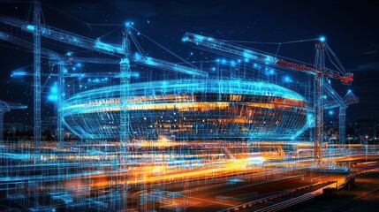 Futuristic construction project with cranes, buildings and wireframe visuals.