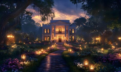 Golden Twilight, Southern Mansion with Lantern-Lit Pathway