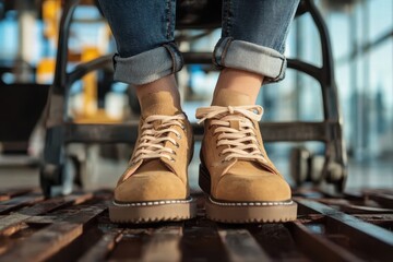 A close-up view of a relaxed person in tan boots sitting cross-legged on a wooden surface, radiating a sense of tranquility and laid-back style.