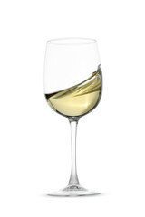 Tasty wine splashing in glass on white background