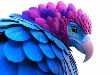 Fototapeta premium Colorful Fantasy Bird with Vivid Blue and Pink Feathers Captured in Close-Up Profile Against White Background