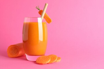 Fresh carrot smoothie in glass and cut vegetable on pink background, closeup. Space for text