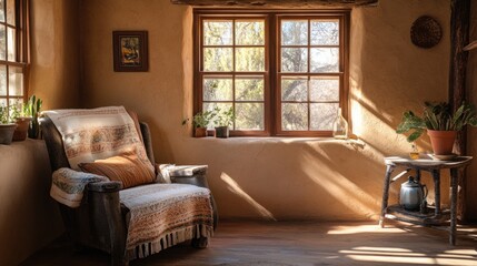 Obraz premium Cozy adobe room with natural light, plants, and armchair.