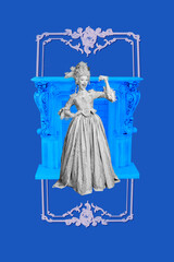 Vertical art creative trend collage of happy girl queen wear dress rococo wig stand fireplace decoration indoor comfy castle concept