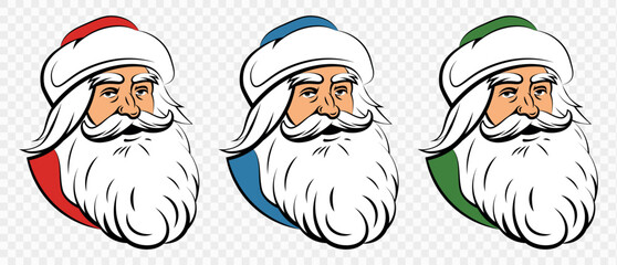 Santa Claus set. Vintage Santa Claus heads. Symbol of New Year and Christmas. Vector flat illustration on transparent background