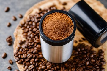 An overhead view of a stainless steel canister showing fresh ground coffee, surrounded by scattered coffee beans, ideal for showcasing freshness and quality.