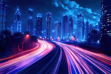 Fototapeta premium Night city lights blur into streaks along highway.