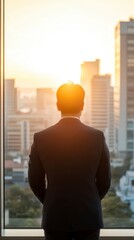 Fototapeta premium Silhouetted Businessman Embracing Ambition: Visionary Leadership in Urban Landscape