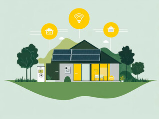 Naklejka premium Image of a modern, eco-friendly building with solar panels, surrounded by greenery Symbols for Wi-Fi, satellite dish, and recycling bin indicate connectivity and waste management Located in rural o