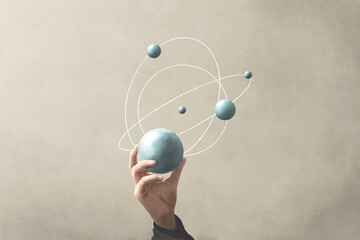 illustration of hand holding sphere that represents planets activities, science surreal concept