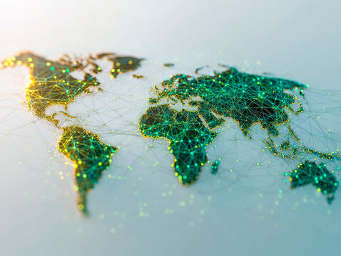 A stylized world map with interconnected nodes, symbolizing global connectivity through technology - Powered by Adobe