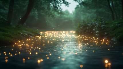 Naklejka premium Enchanted Night: Bioluminescent River Illuminated by Magical Lights