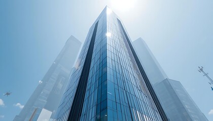 Fototapeta premium Sunlit Skyscraper with Reflection and Fading Surroundings