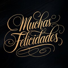 Muchas Felicidades in Spanish language Congratulations ! Text Calligraphy lettering. Handwritten phrase greeting card sign with creative gold text font on dark background.