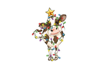 Cow, Animal Christmas Lights Sublimation Design
