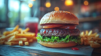 A close-up view of a burger fries and soda on a modern wooden table for an advertisement
