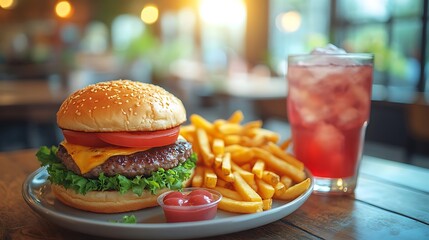 A stylish fast food meal including burgers fries and a drink displayed on a trendy table