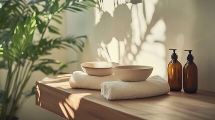 Fototapeta premium Spa treatment setup with bowls, towels, and bottles on table.