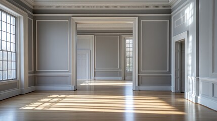 Obraz premium Empty interior room with wood floors and grey walls.