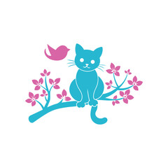 Cat sitting On the tree branch silhouette vector