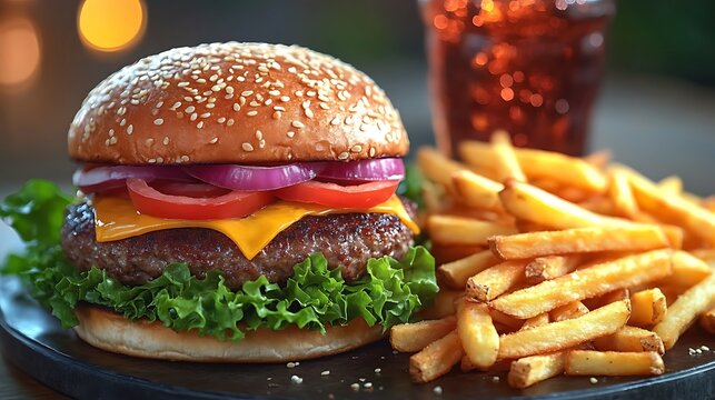 A delicious fast food combo with a burger crispy fries and a soda drink on a modern table
