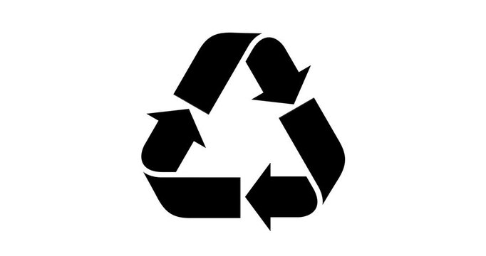 Recycle recycling icon rotated, sustainability, micro animation, cartoon, illustration. Black and white, alpha channel.