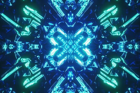 neon kaleidoscope pattern with symmetrical shapes in glowing blue and green tones