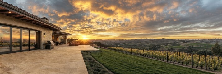 Fototapeta premium Luxury home patio with vineyard views at sunset.