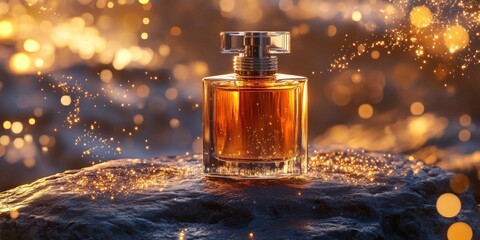 Perfume bottle on rock with golden bokeh.