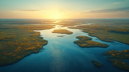 Serene river meanders through a golden marsh at sunset. Aerial view of tranquil landscape.