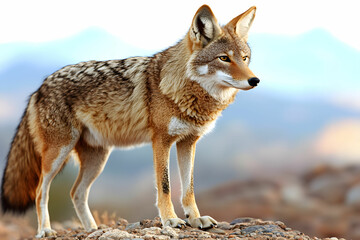 Majestic Coyote in Natural Habitat with Rocky Landscape and Scenic Background in Warm Light