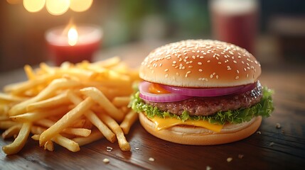 A top-down view of a delicious fast food meal of fries burgers and a drink on a table