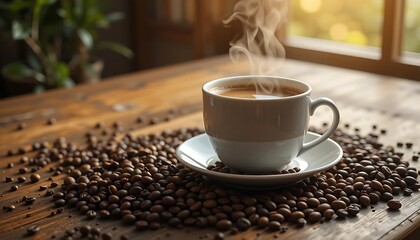 Steaming Coffee Cup on Bed of Beans